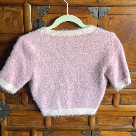 Pastel Pink fuzzy cropped cardigan sweater - Picture 2 of 4